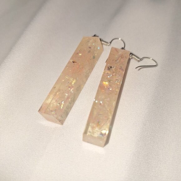 Artisan Handmade Pink Iridescent Resin Rectangle Statement Earrings - Picture 3 of 4